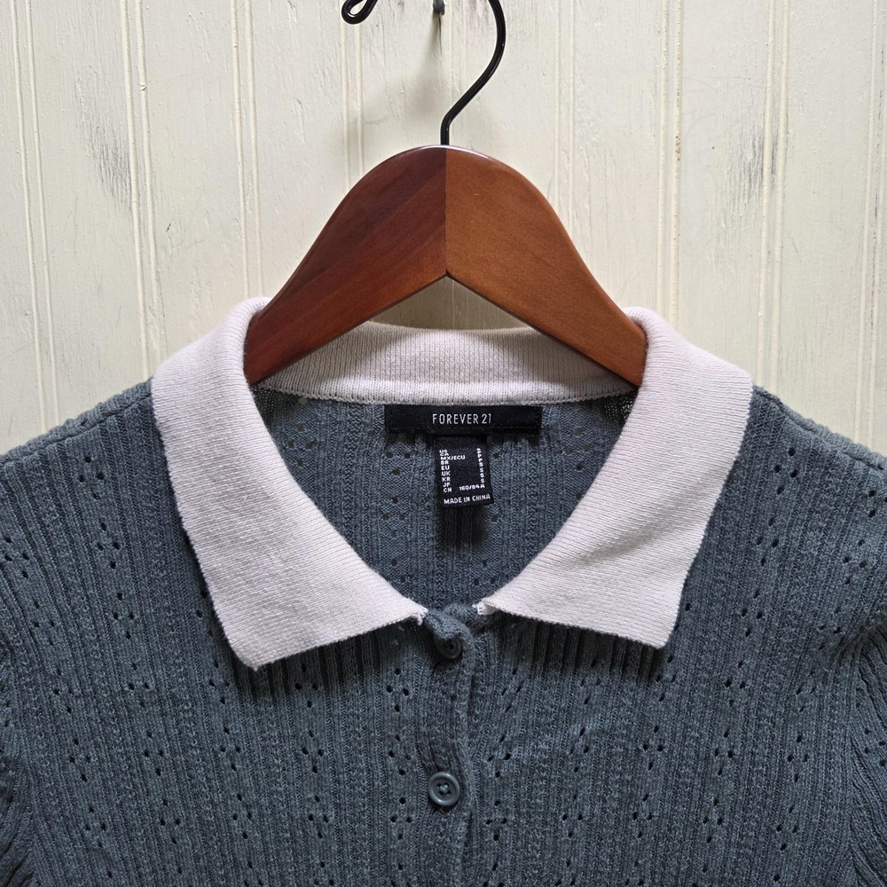 Forever 21 Cardigan Sweater Juniors Small Blue Collared Short Sleeve Button Knit